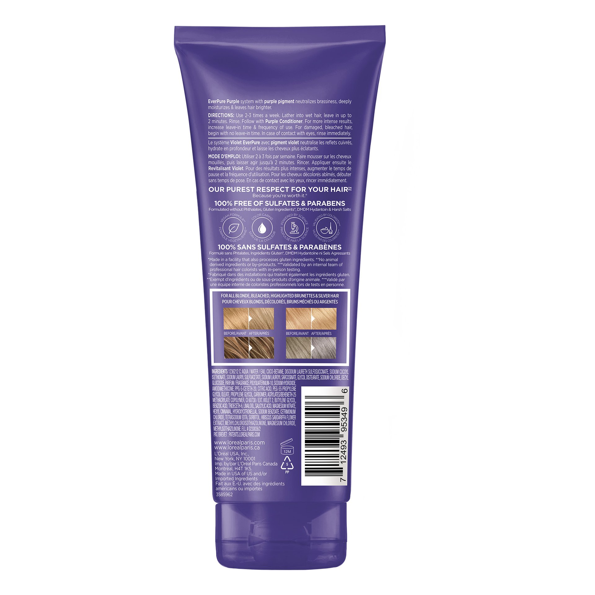 L'Oréal Paris EverPure Sulfate-Free Purple Shampoo, Back of Packaging